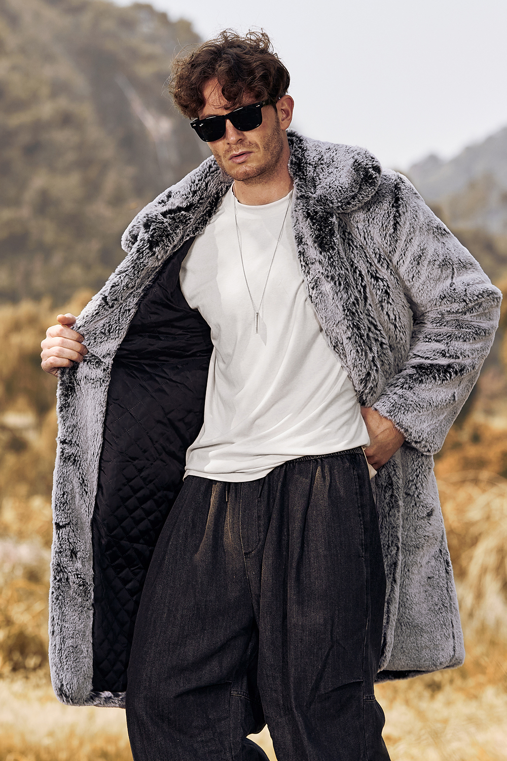Men's Long Coat with Grey Fluffy Faux Fur Turn Lapel and Long Sleeves