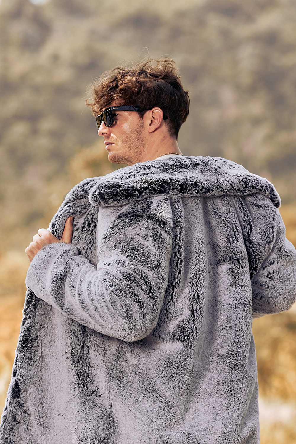 Men's Long Coat with Grey Fluffy Faux Fur Turn Lapel and Long Sleeves
