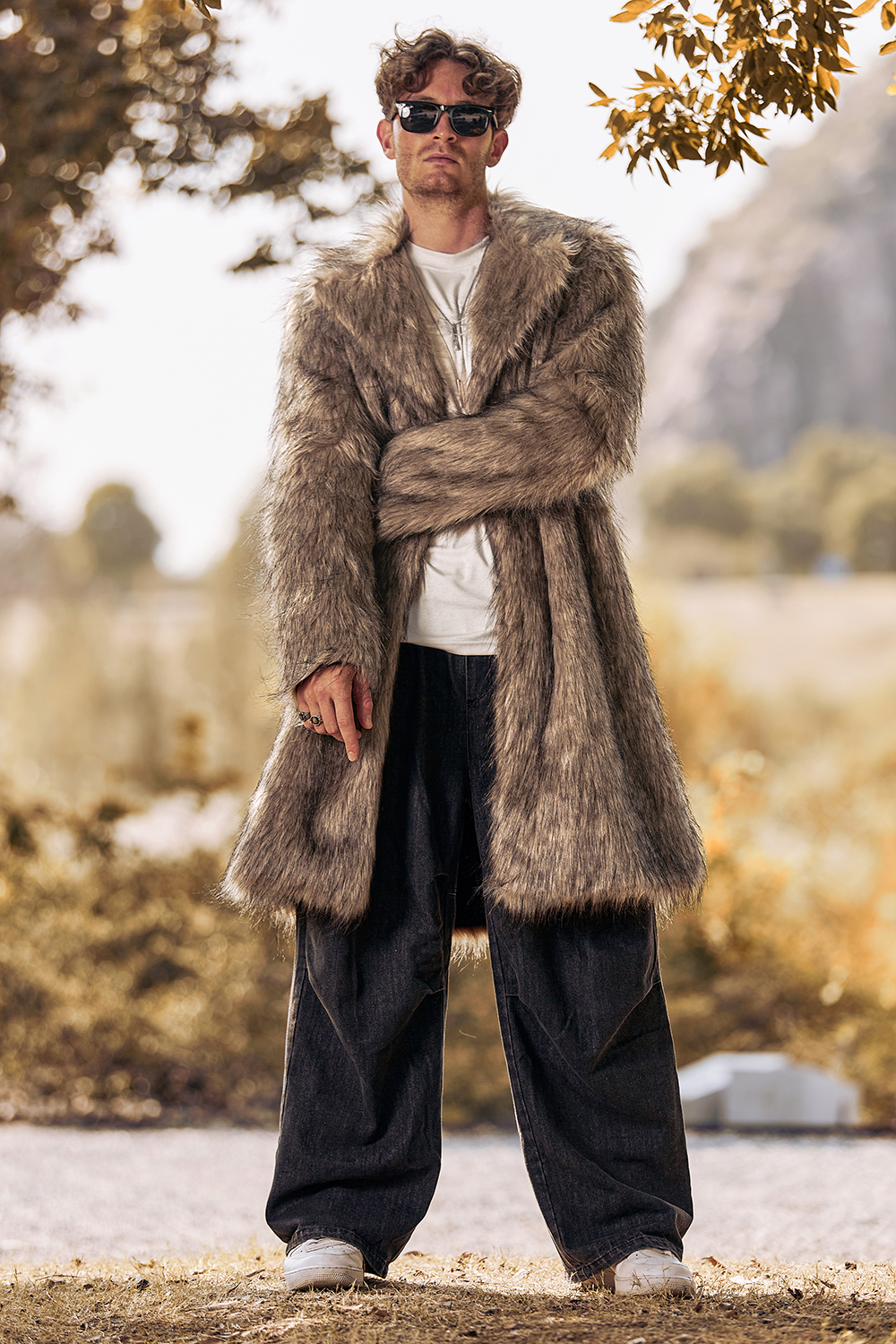 Men's Warm Long Coat with Notched Lapel and Fluffy Khaki Faux Fur Long Sleeves