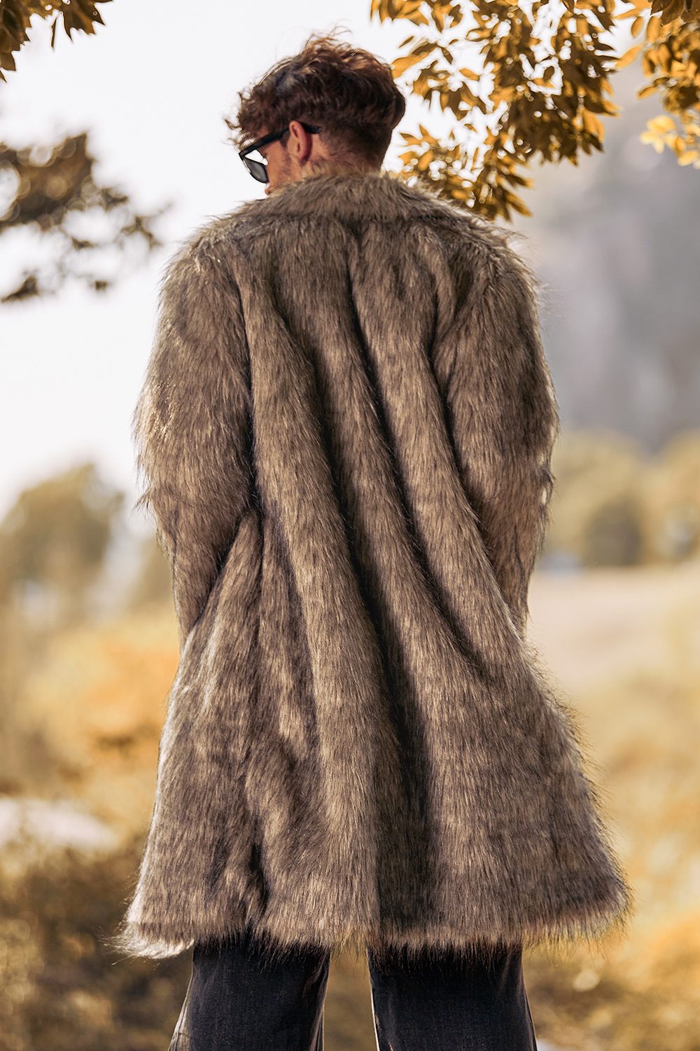 Men's Warm Long Coat with Notched Lapel and Fluffy Khaki Faux Fur Long Sleeves