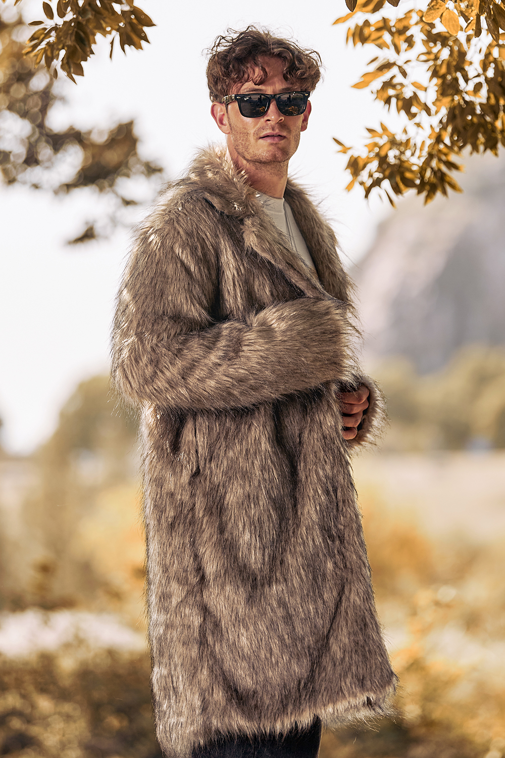 Men's Warm Long Coat with Notched Lapel and Fluffy Khaki Faux Fur Long Sleeves