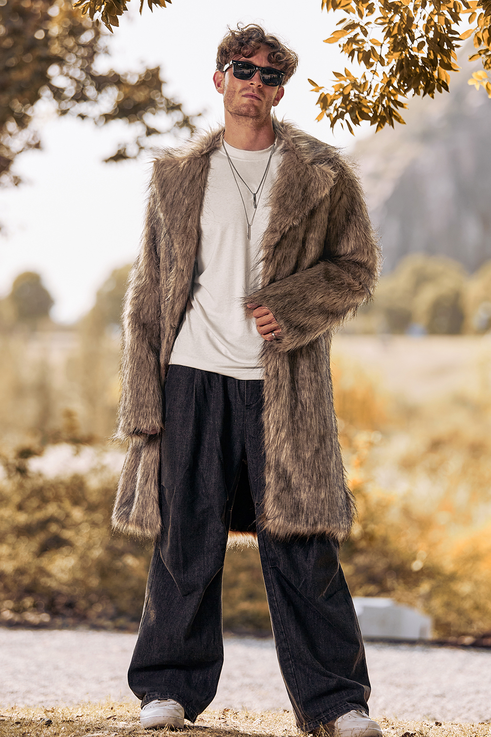 Men's Warm Long Coat with Notched Lapel and Fluffy Khaki Faux Fur Long Sleeves