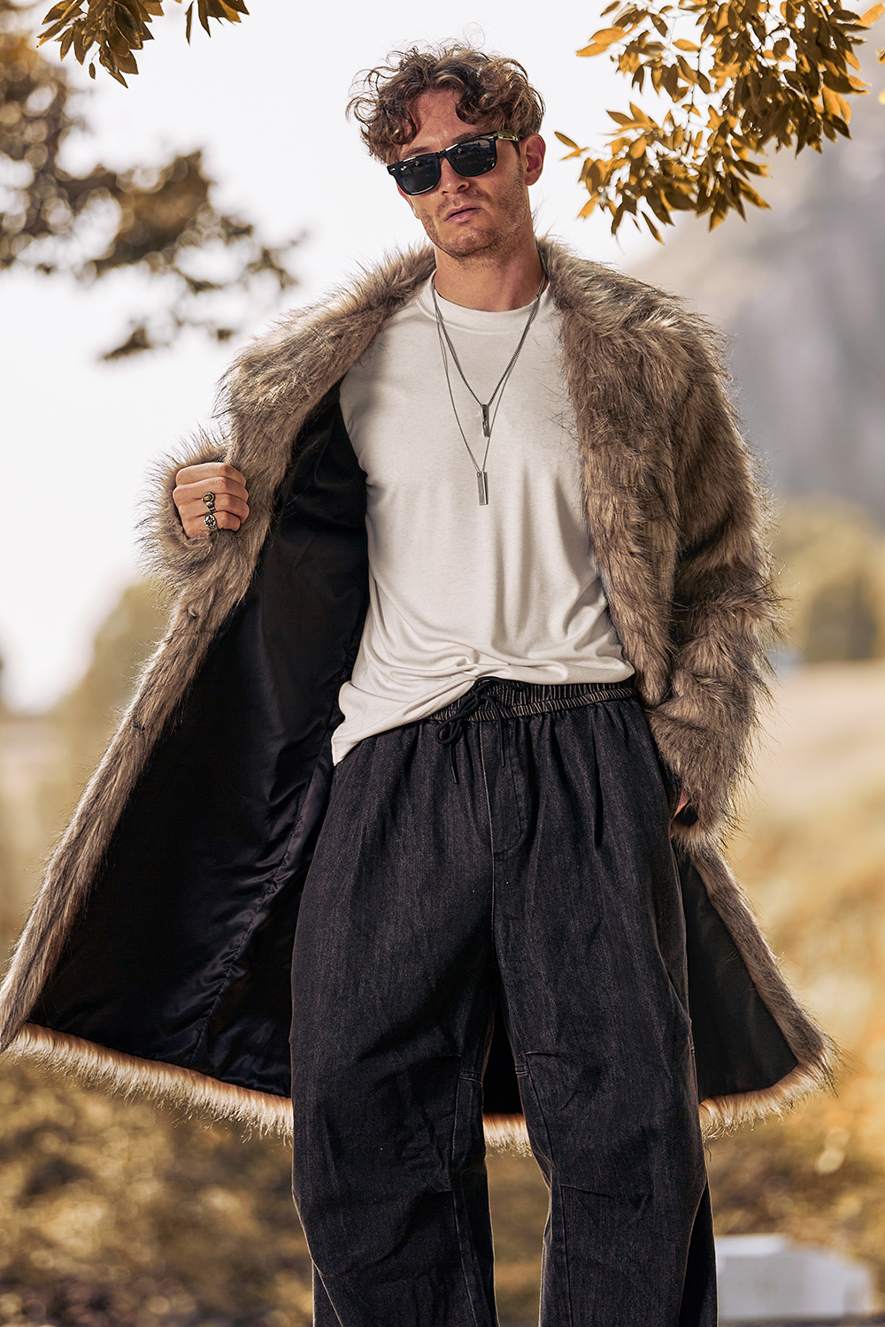 Men's Warm Long Coat with Notched Lapel and Fluffy Khaki Faux Fur Long Sleeves