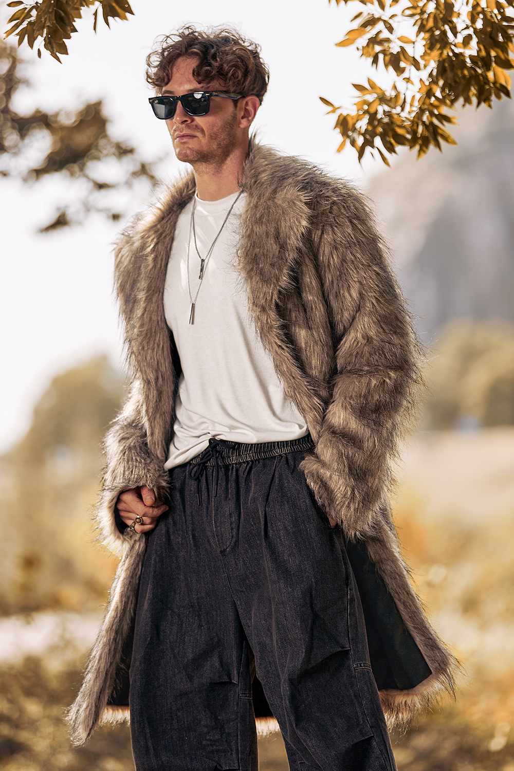 Men's Warm Long Coat with Notched Lapel and Fluffy Khaki Faux Fur Long Sleeves