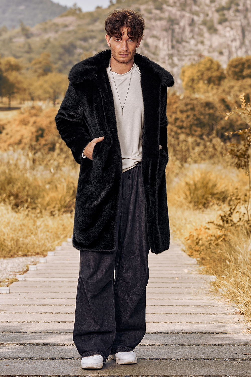 Men's Long Winter Coat with Black Fluffy Faux Fur Turn Lapel and Long Sleeves