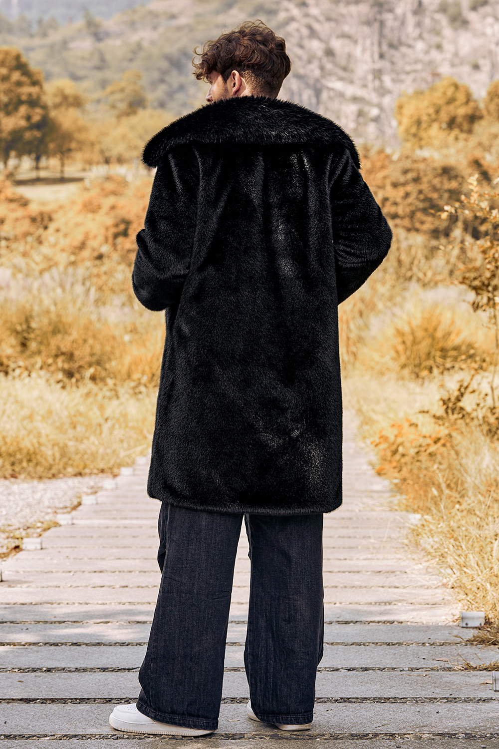 Men's Long Winter Coat with Black Fluffy Faux Fur Turn Lapel and Long Sleeves