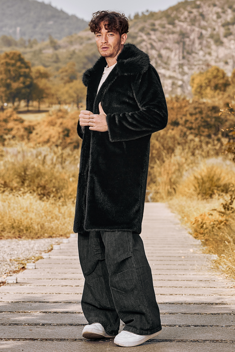 Men's Long Winter Coat with Black Fluffy Faux Fur Turn Lapel and Long Sleeves