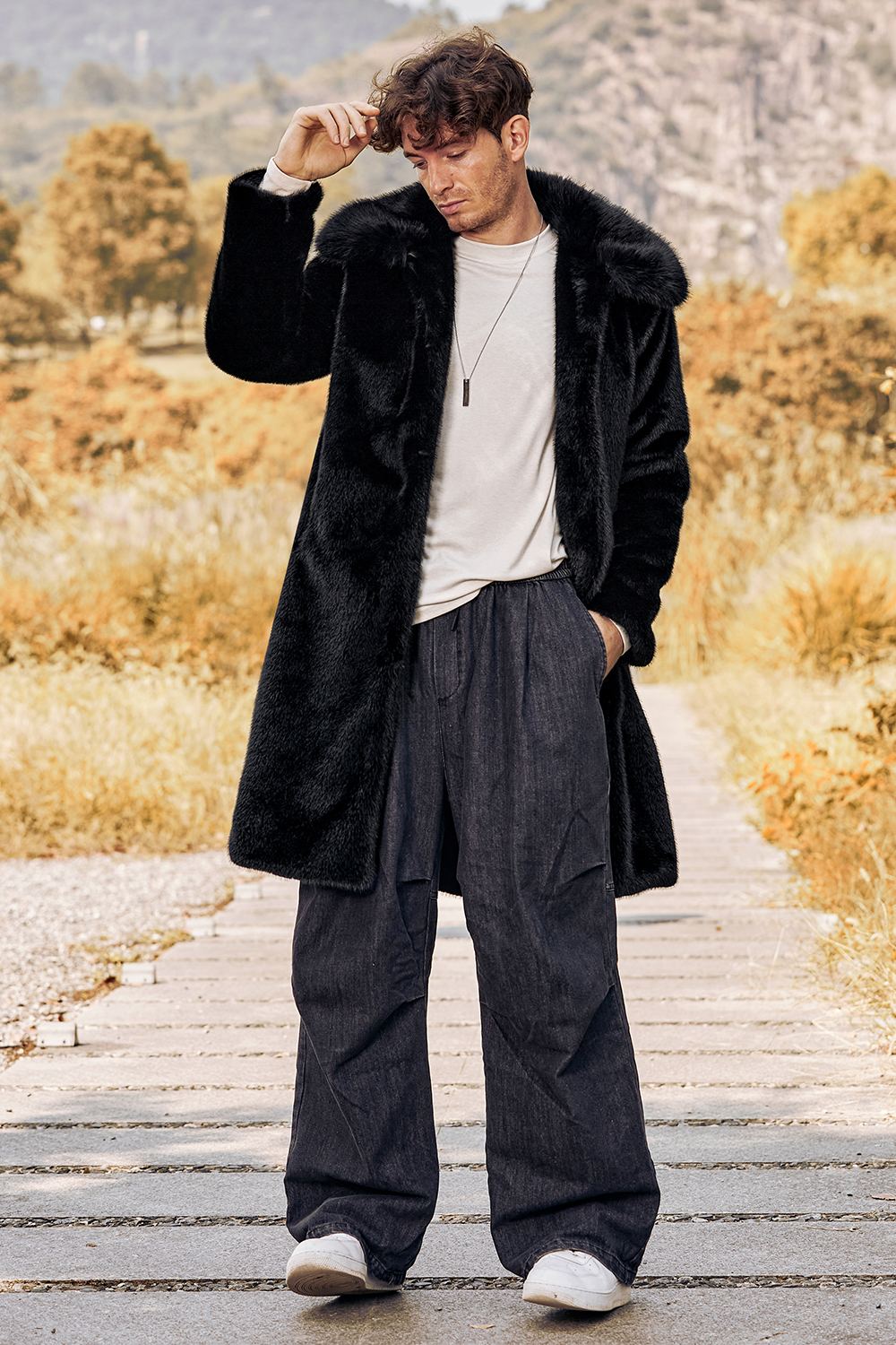 Men's Long Winter Coat with Black Fluffy Faux Fur Turn Lapel and Long Sleeves