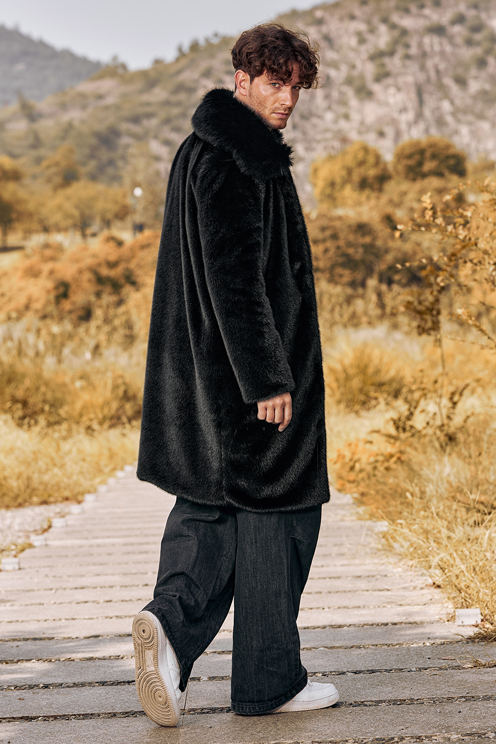 Men's Long Winter Coat with Black Fluffy Faux Fur Turn Lapel and Long Sleeves