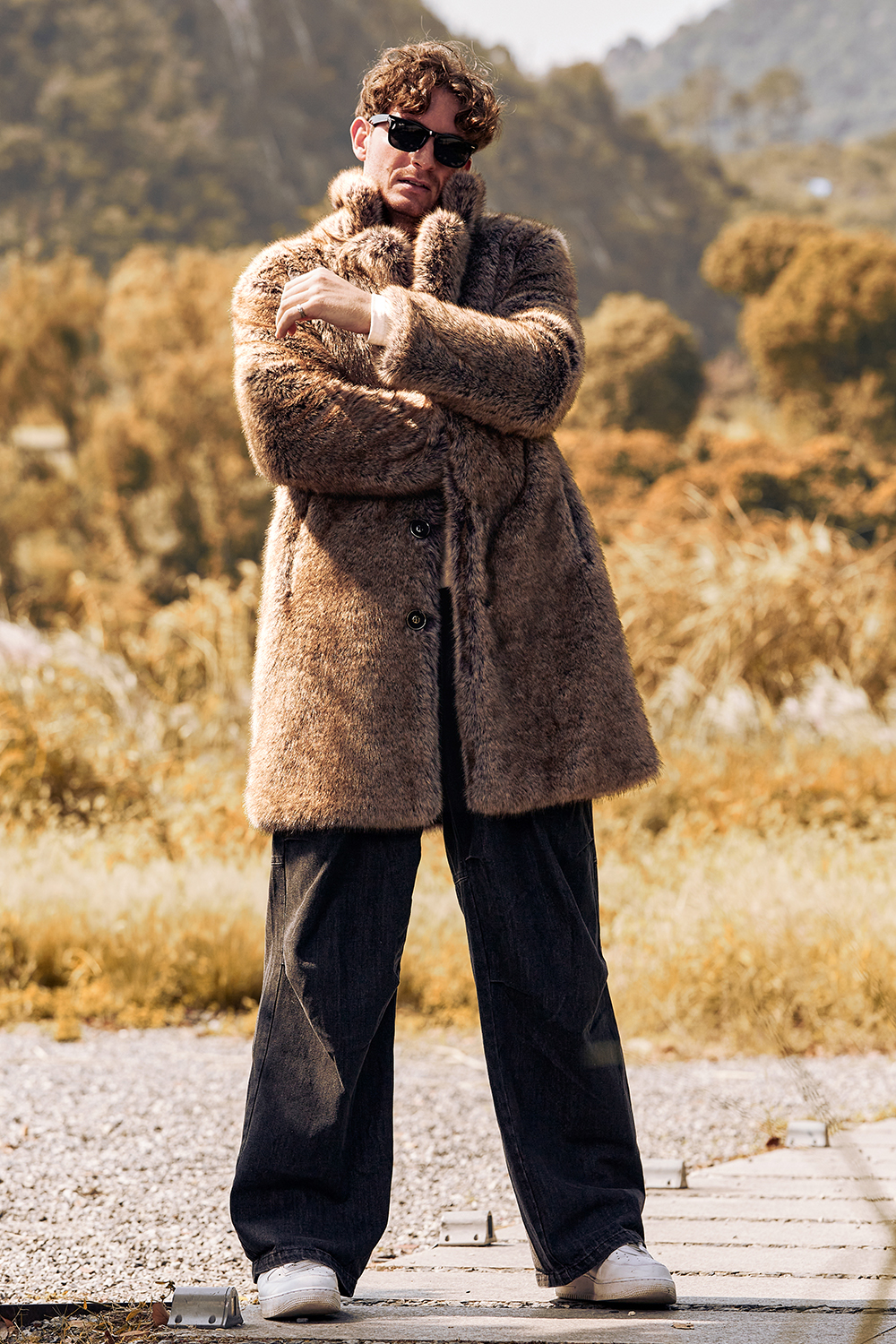 Men's Long Winter Coat with Notched Lapel and Coffee Fluffy Faux Fur Long Sleeves