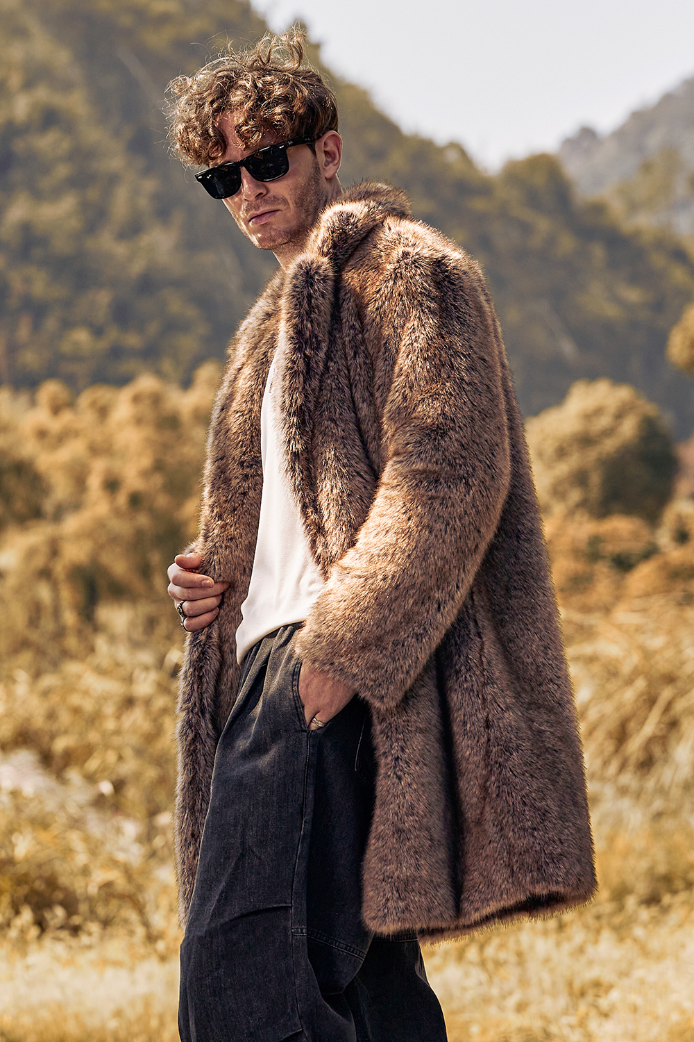 Men's Long Winter Coat with Notched Lapel and Coffee Fluffy Faux Fur Long Sleeves