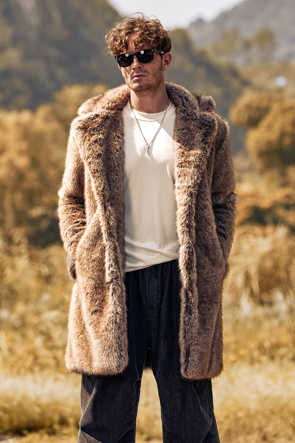 Men's Long Winter Coat with Notched Lapel and Coffee Fluffy Faux Fur Long Sleeves