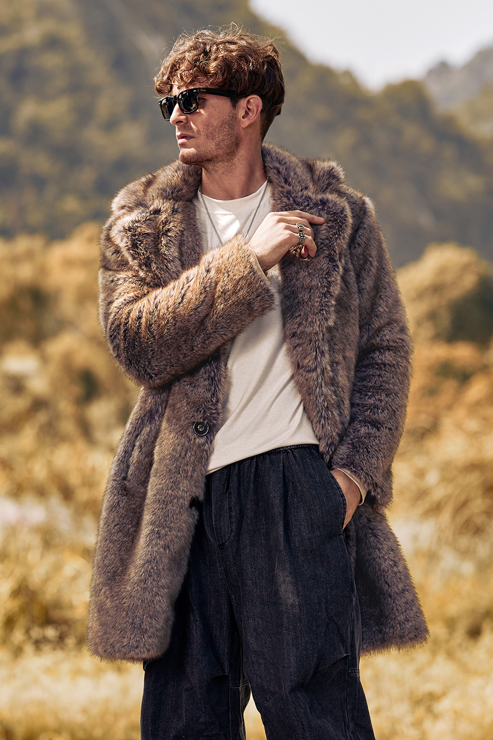 Men's Long Winter Coat with Notched Lapel and Coffee Fluffy Faux Fur Long Sleeves