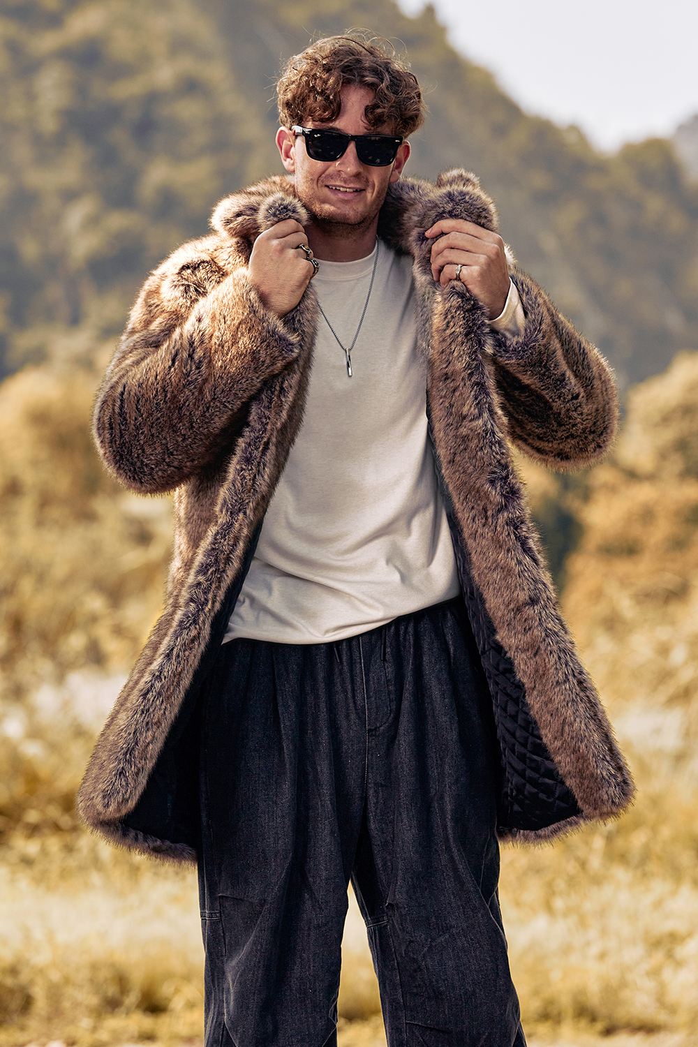 Men's Long Winter Coat with Notched Lapel and Coffee Fluffy Faux Fur Long Sleeves