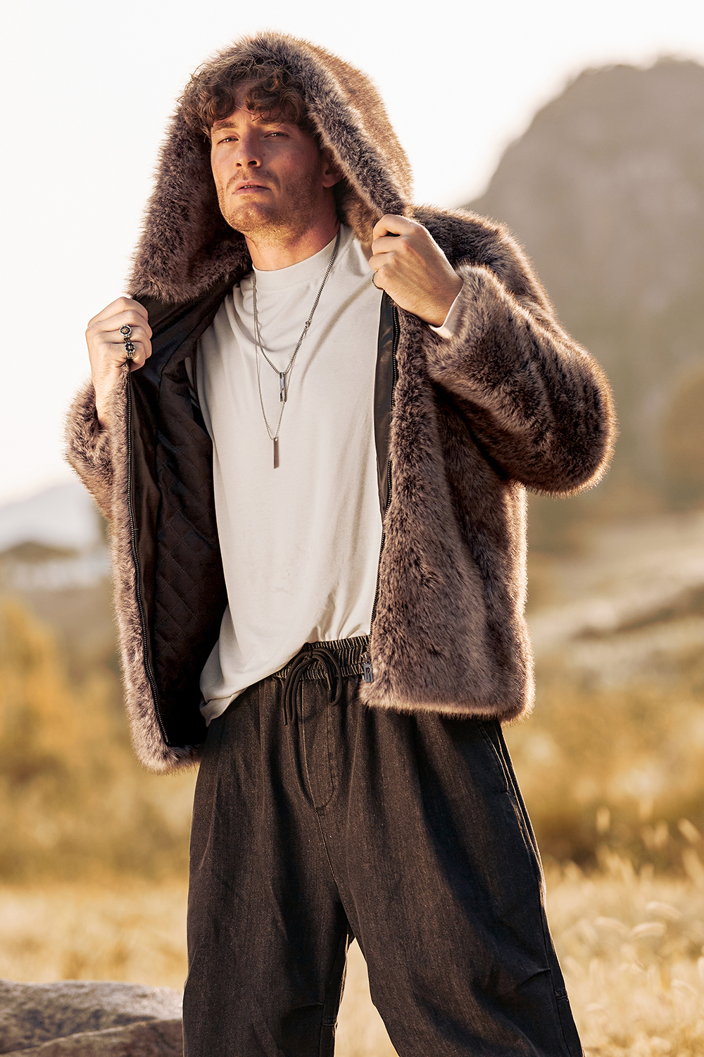 Warm Men's Short Coat with Fluffy Khaki Faux Fur Hood and Long Sleeves