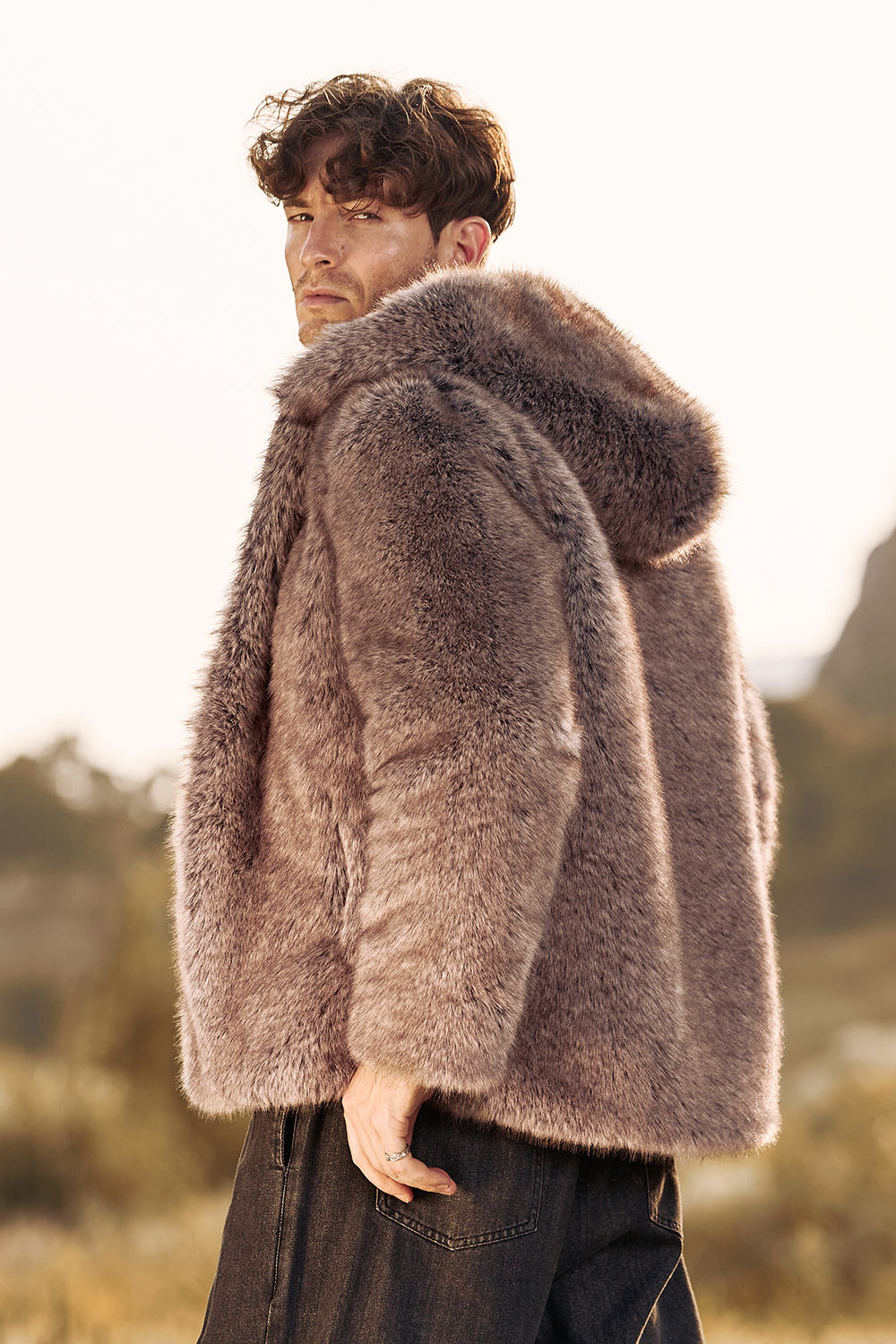 Warm Men's Short Coat with Fluffy Khaki Faux Fur Hood and Long Sleeves