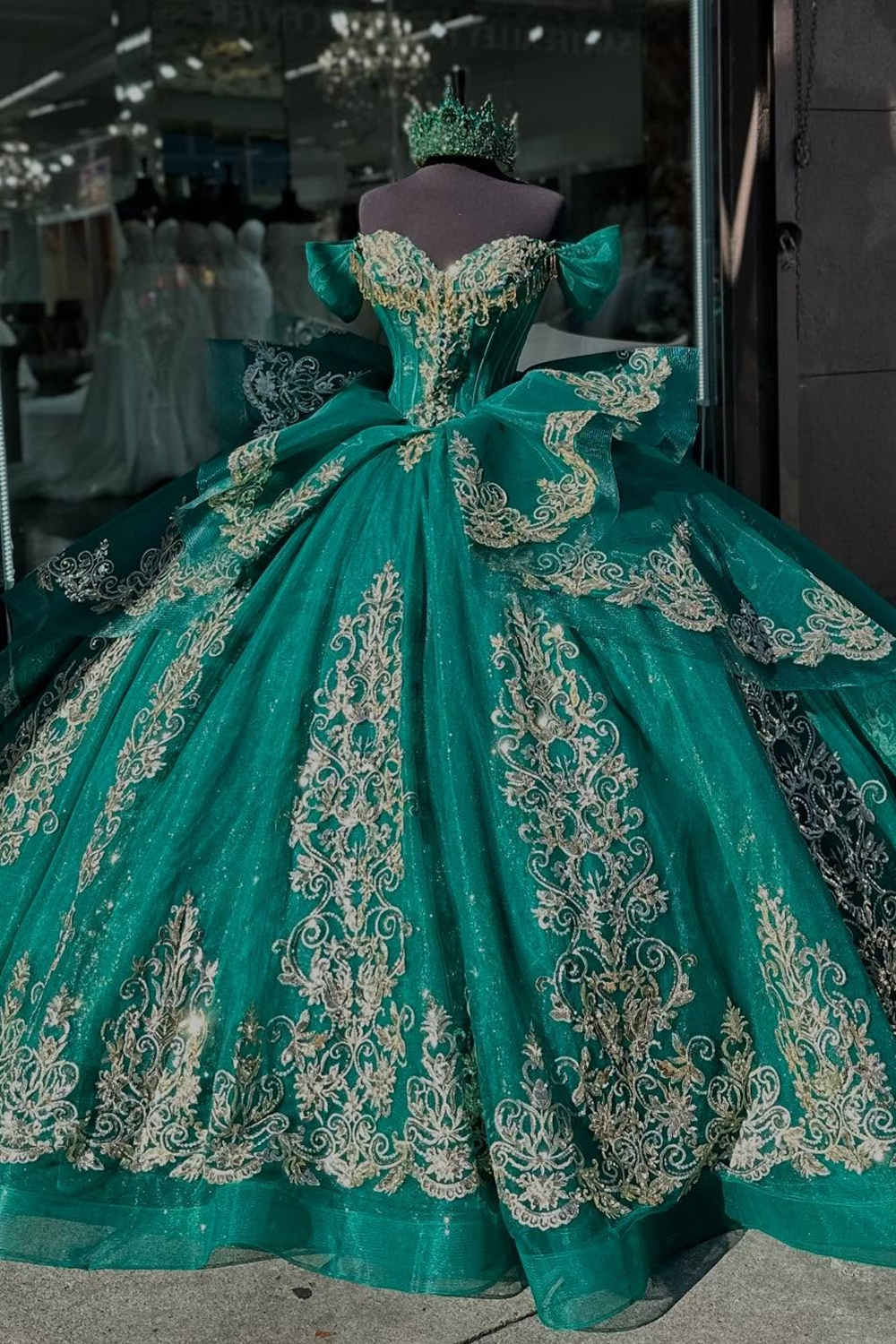 Dark Green Sparkly Off-the-Shoulder Princess Tulle Dress with Applique for Quinceanera
