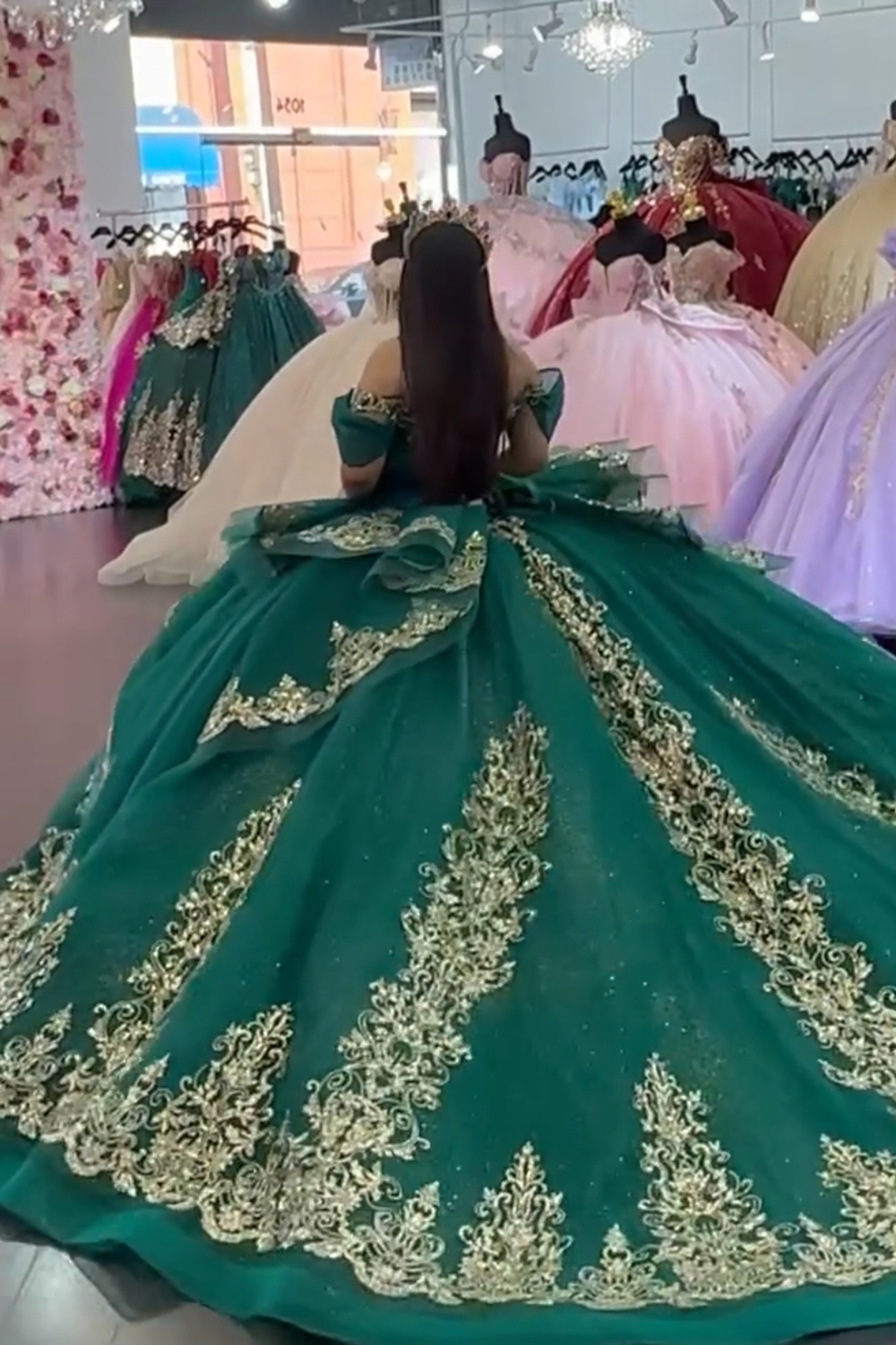 Dark Green Sparkly Off-the-Shoulder Princess Tulle Dress with Applique for Quinceanera