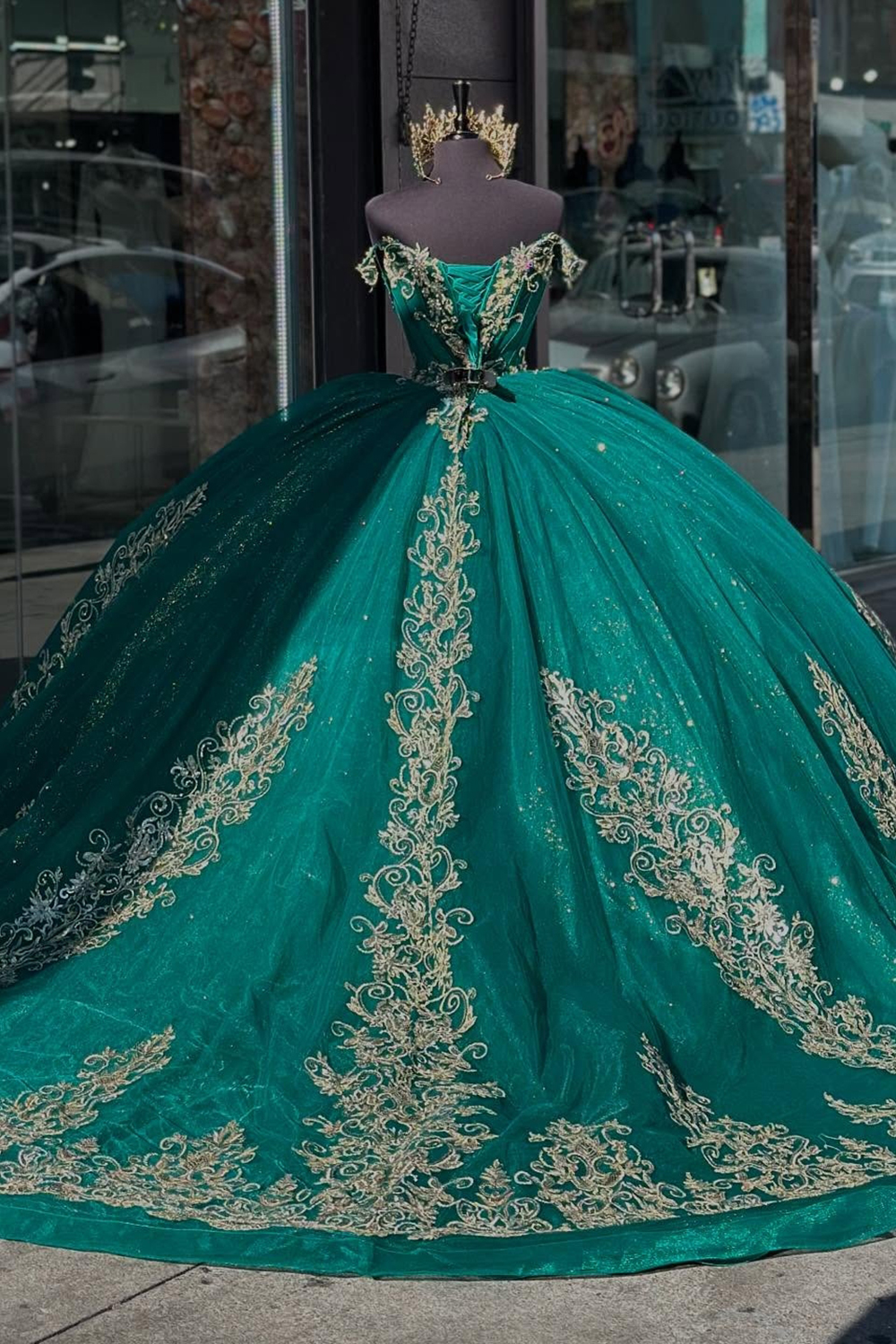 Dark Green Sparkly Off-the-Shoulder Princess Tulle Dress with Applique for Quinceanera
