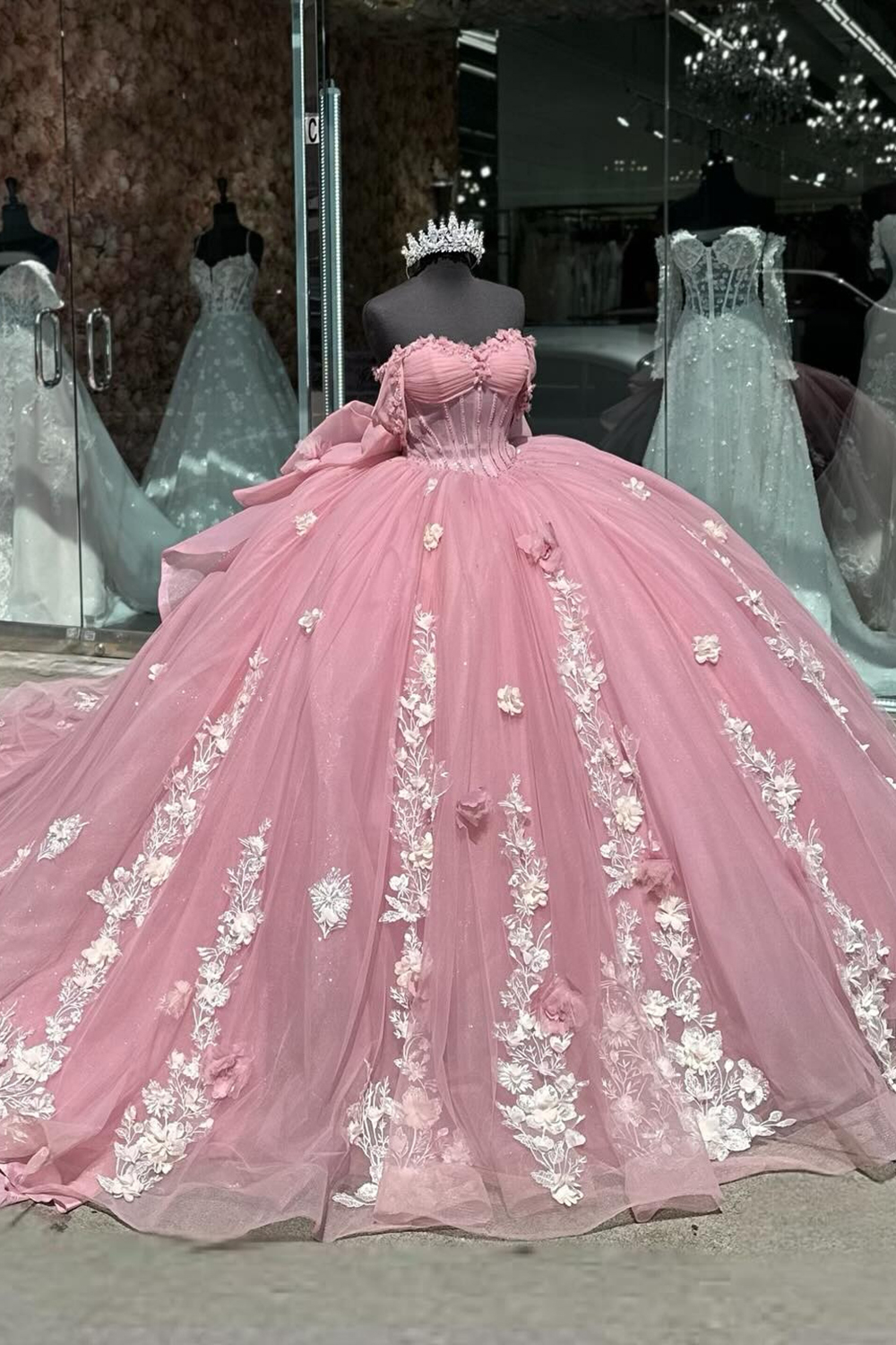 Pink Sparkle Princess Long Tulle Quinceanera Dress with Off-Shoulder Bow Applique