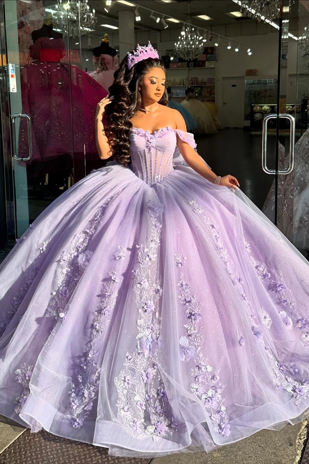 Lilac Floral Sparkly Off-the-Shoulder Tulle Quinceanera Ball Gown with Appliques