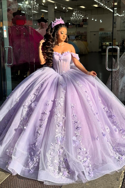Lilac Floral Sparkly Off-the-Shoulder Tulle Quinceanera Ball Gown with Appliques