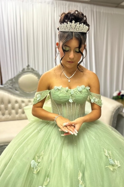 Lilac Floral Sparkly Off-the-Shoulder Tulle Quinceanera Ball Gown with Appliques