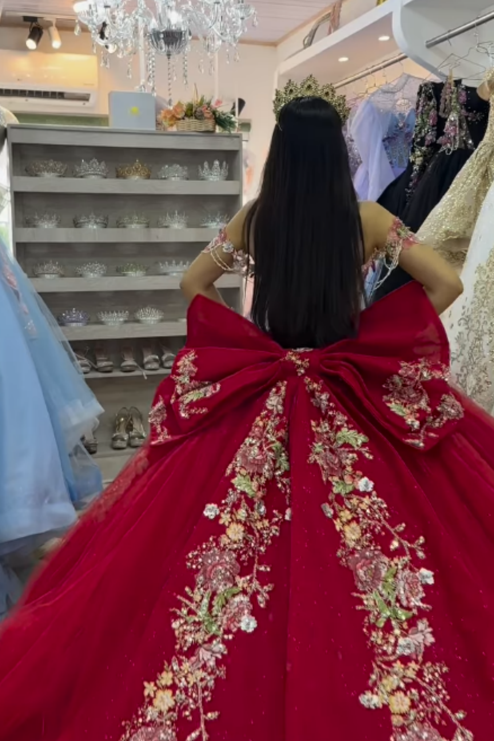 Long Tulle Quinceanera Dress with Beaded Embroidery and Bow in Pink Off the Shoulder Style