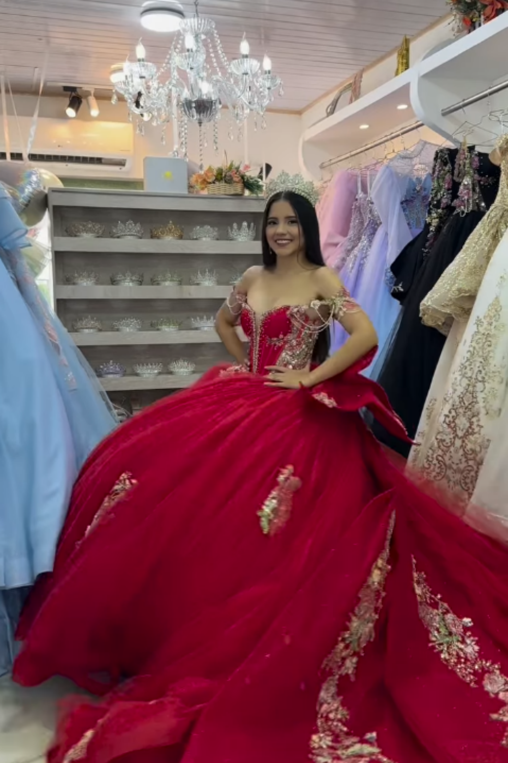 Long Tulle Quinceanera Dress with Beaded Embroidery and Bow in Pink Off the Shoulder Style
