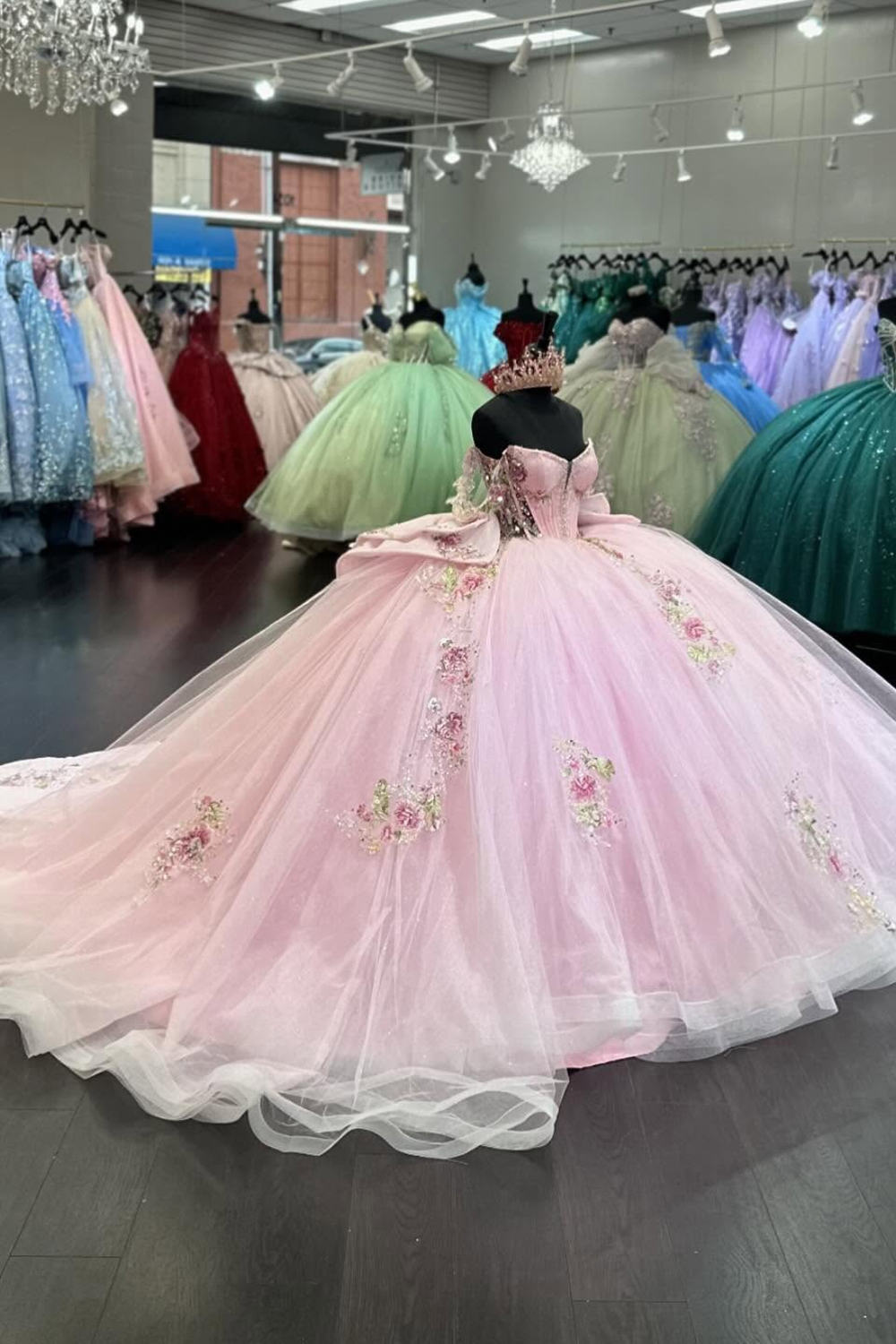 Long Tulle Quinceanera Dress with Beaded Embroidery and Bow in Pink Off the Shoulder Style