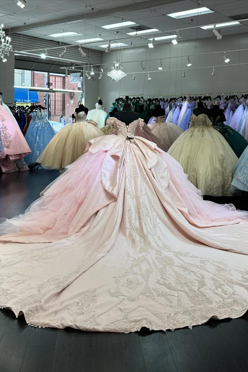 Off the Shoulder Sparkly Blush Satin Ball Gown with Appliqued Chapel Train for Quinceanera