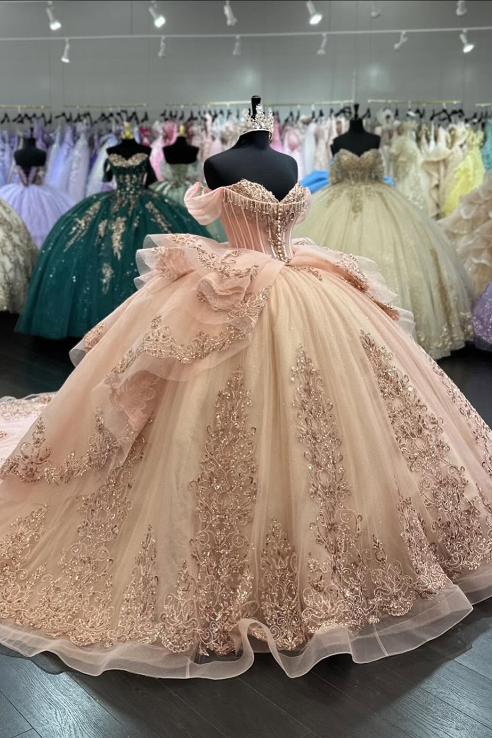 Off the Shoulder Sparkly Blush Ball Gown with Appliqued Tulle Train for Quinceanera