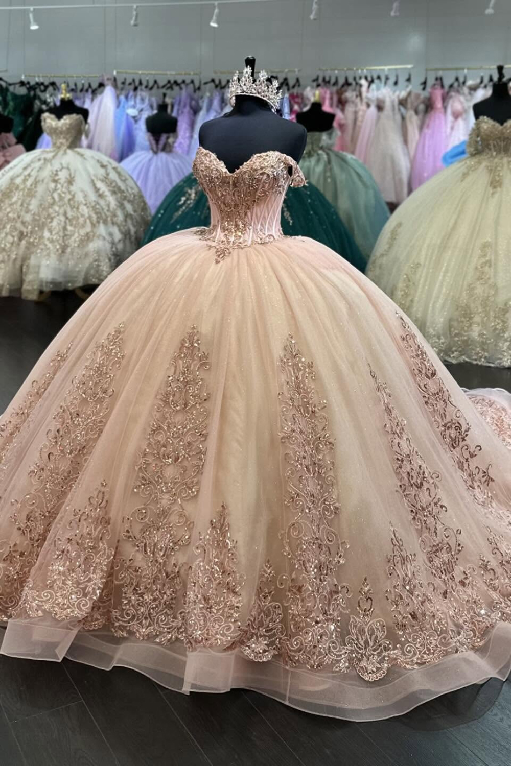 Off the Shoulder Sparkly Blush Ball Gown with Appliqued Tulle Train for Quinceanera