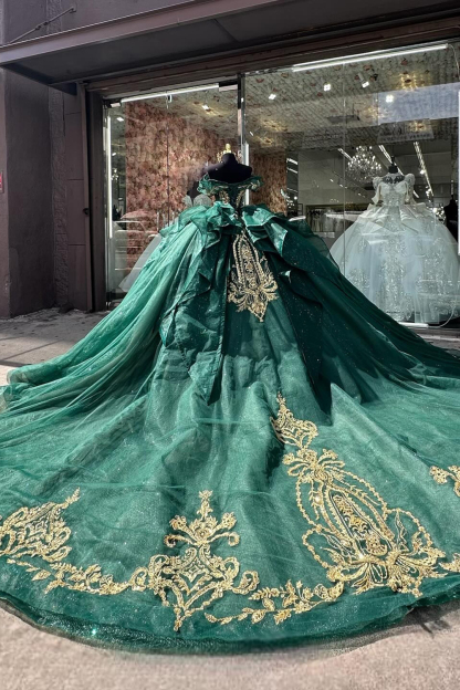 Dark Green Sparkly Off-the-Shoulder Princess Tulle Dress with Train for Quinceanera