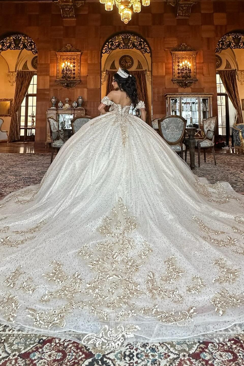 White and Golden Sparkling Off-Shoulder Princess Quinceanera Dress with Sequin Applique and Tulle Train
