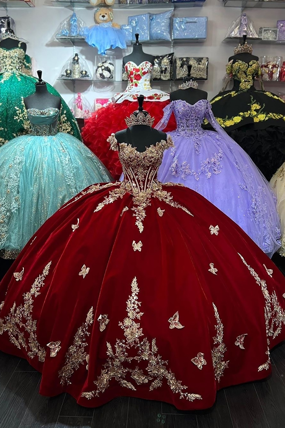 Velvet Quinceanera Ball Gown in Burgundy with Off-the-Shoulder Appliques
