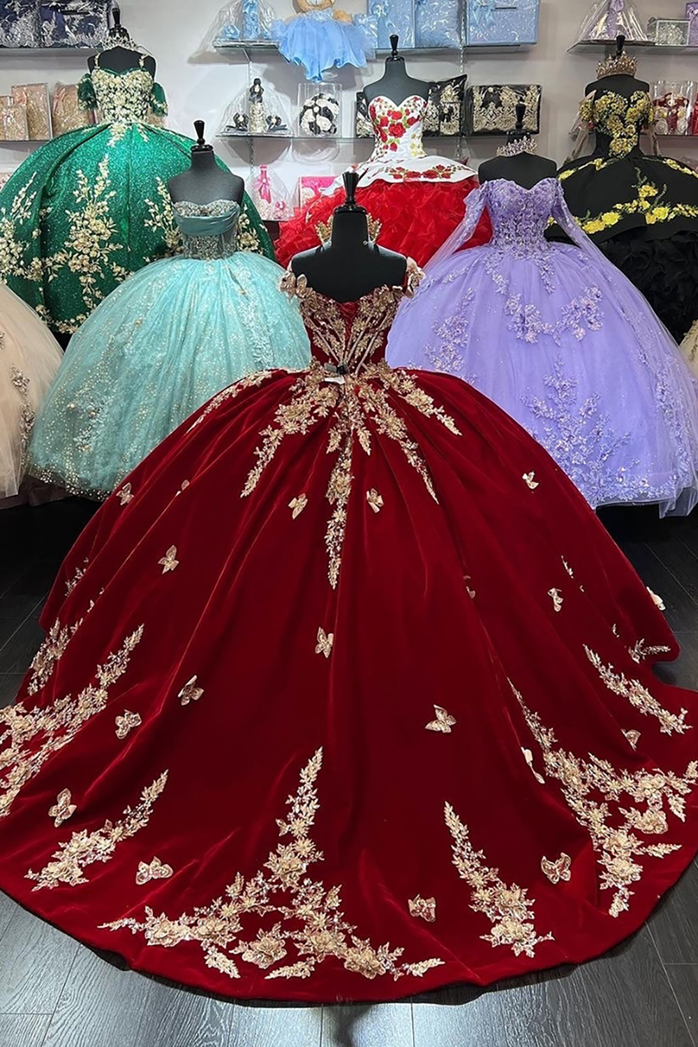 Velvet Quinceanera Ball Gown in Burgundy with Off-the-Shoulder Appliques
