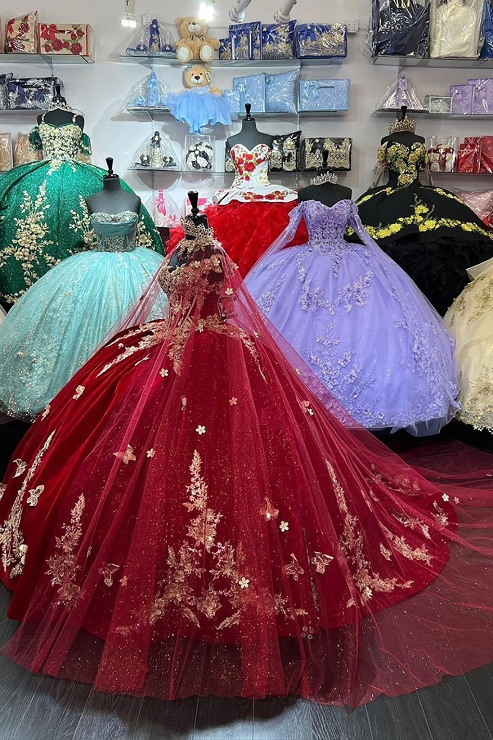 Velvet Quinceanera Ball Gown in Burgundy with Off-the-Shoulder Appliques