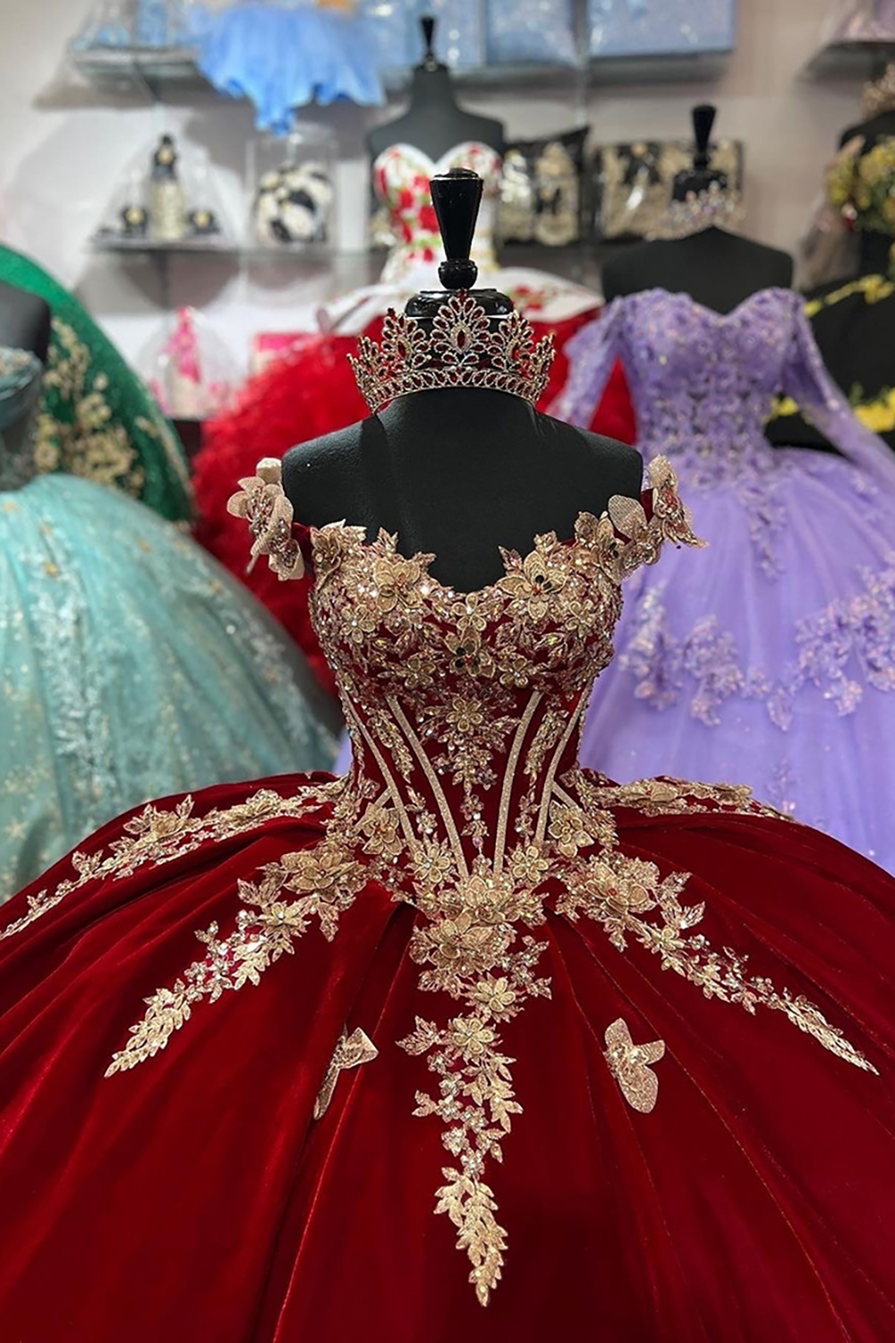 Velvet Quinceanera Ball Gown in Burgundy with Off-the-Shoulder Appliques