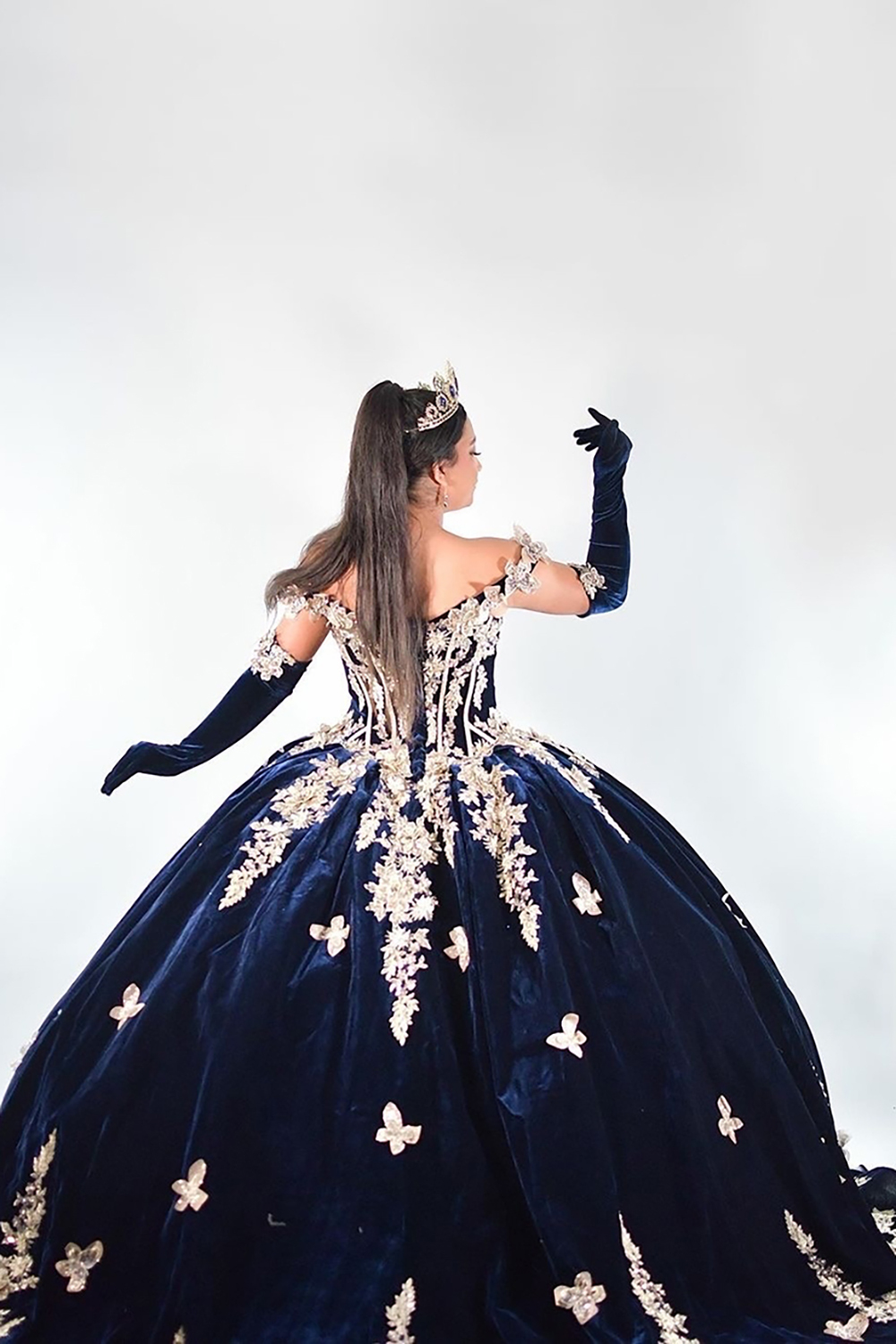 Velvet Quinceanera Ball Gown in Burgundy with Off-the-Shoulder Appliques