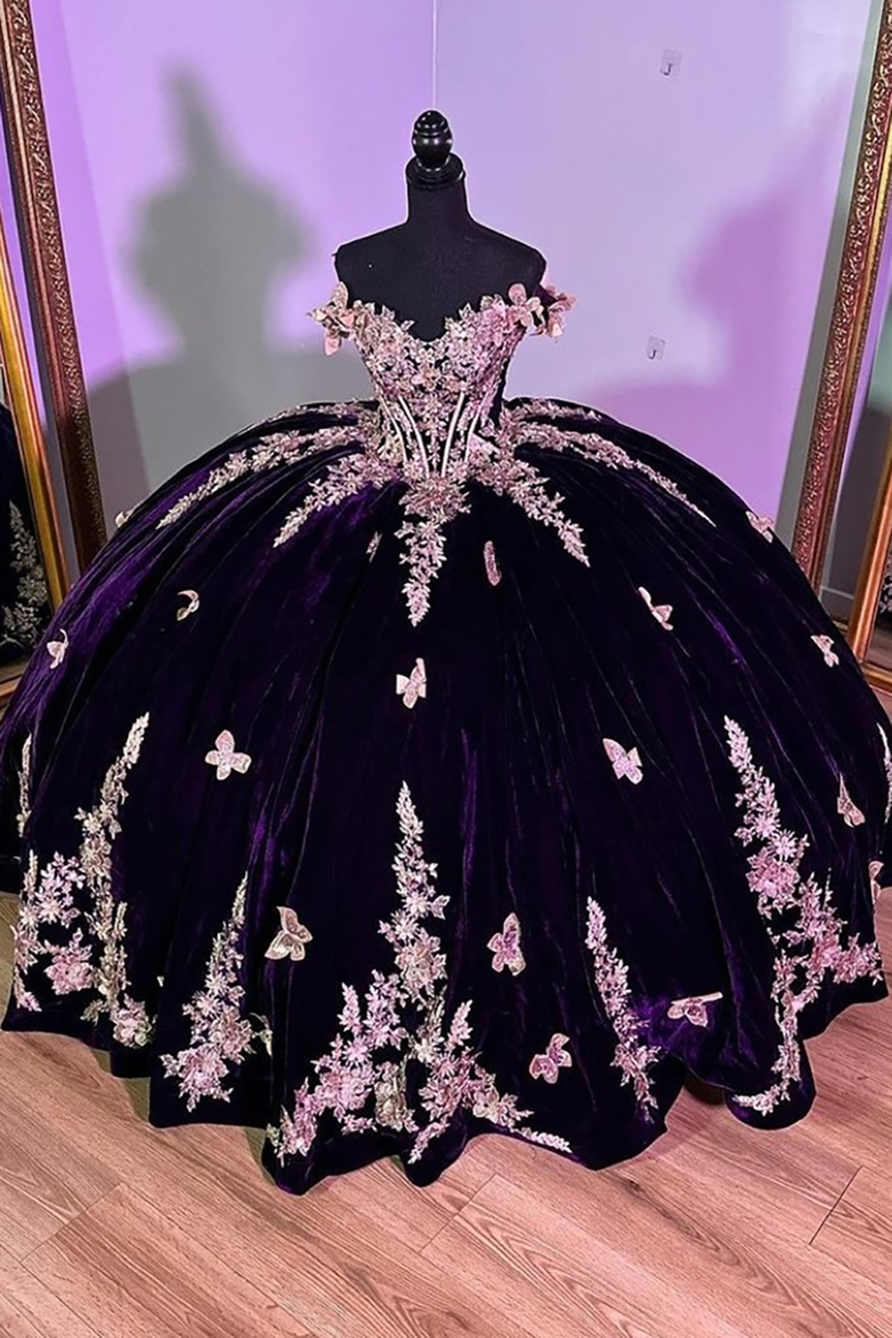 Velvet Quinceanera Ball Gown in Burgundy with Off-the-Shoulder Appliques