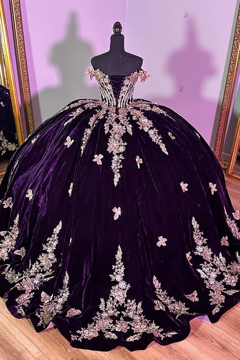 Velvet Quinceanera Ball Gown in Burgundy with Off-the-Shoulder Appliques