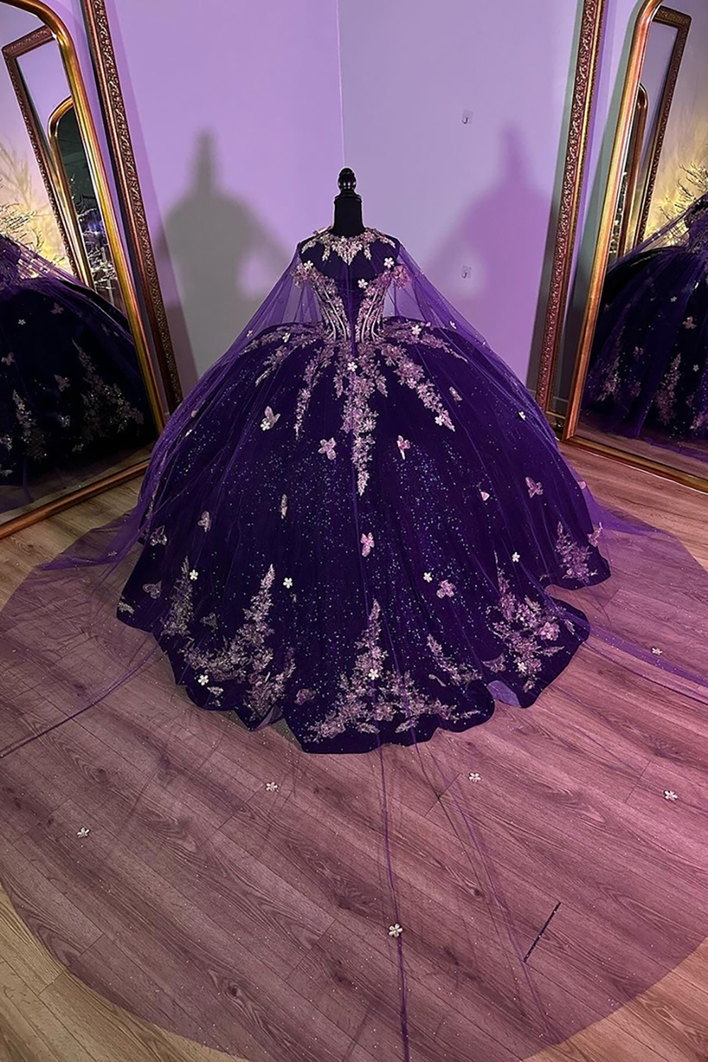 Velvet Quinceanera Ball Gown in Burgundy with Off-the-Shoulder Appliques