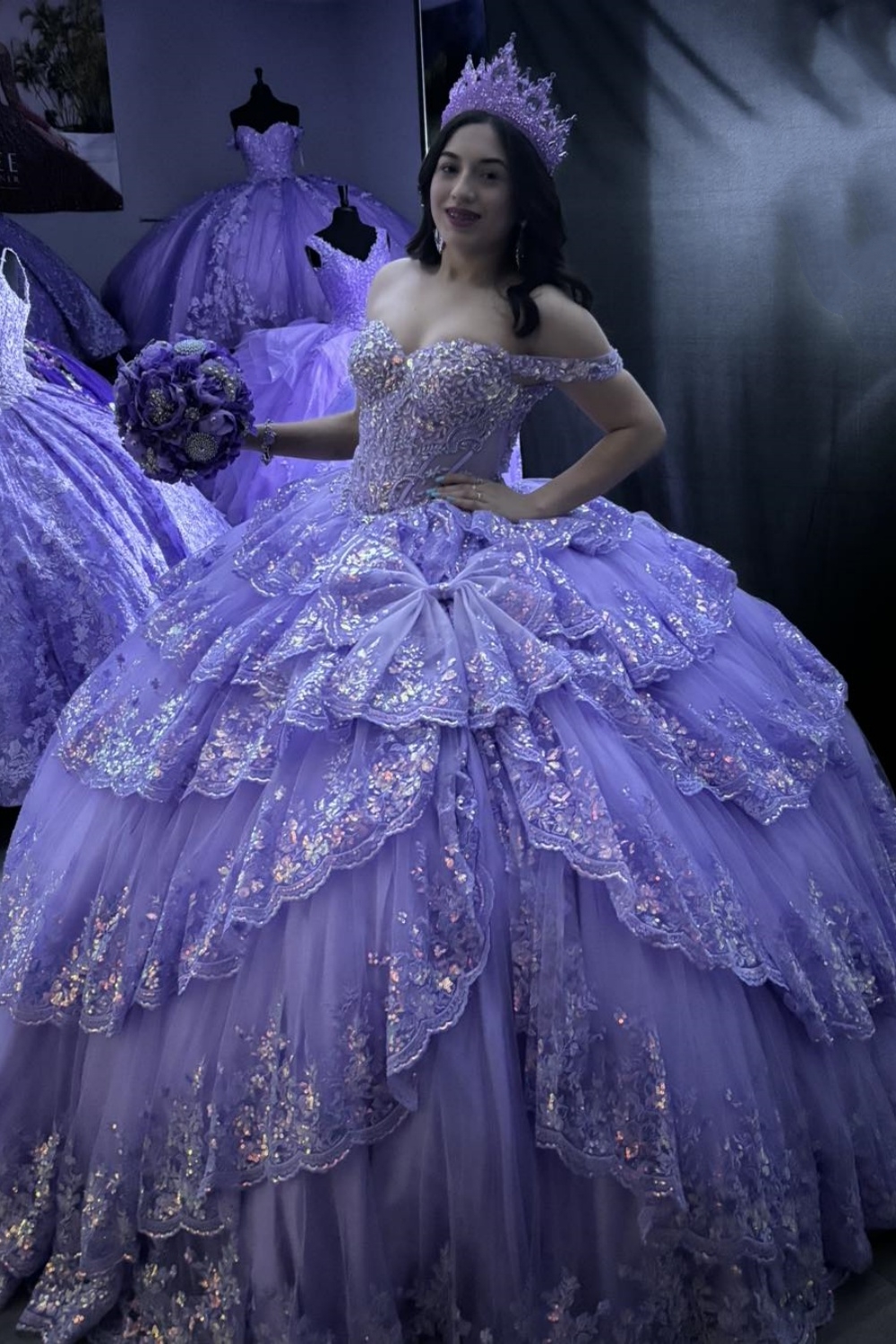 Red Sparkle Off-Shoulder Tiered Tulle Quinceanera Dress with Sequins