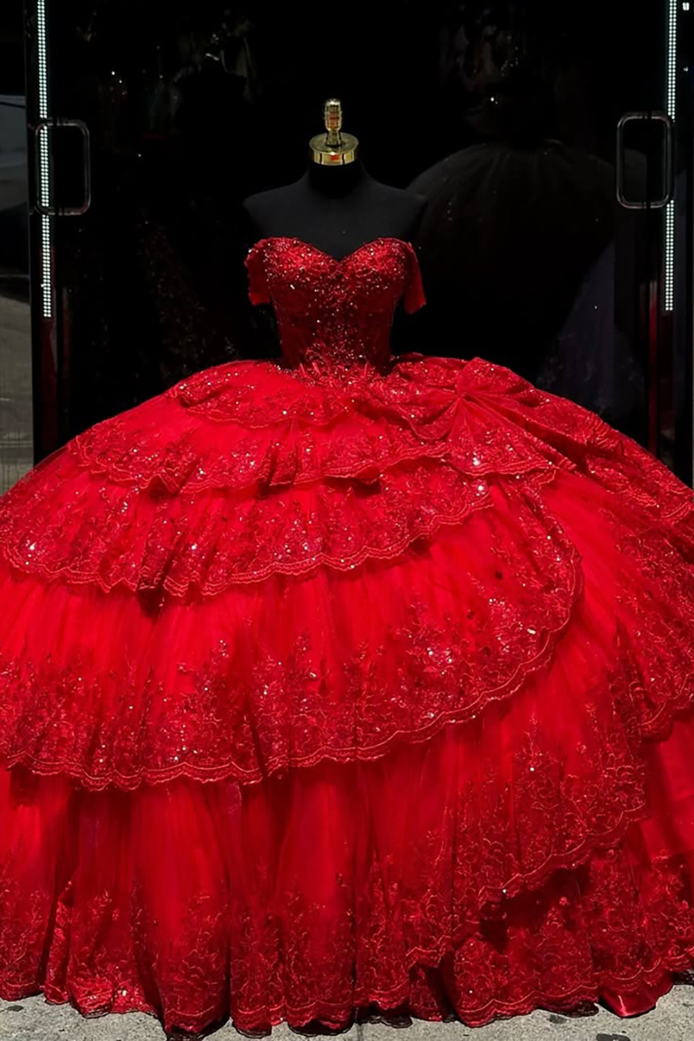 Red Sparkle Off-Shoulder Tiered Tulle Quinceanera Dress with Sequins