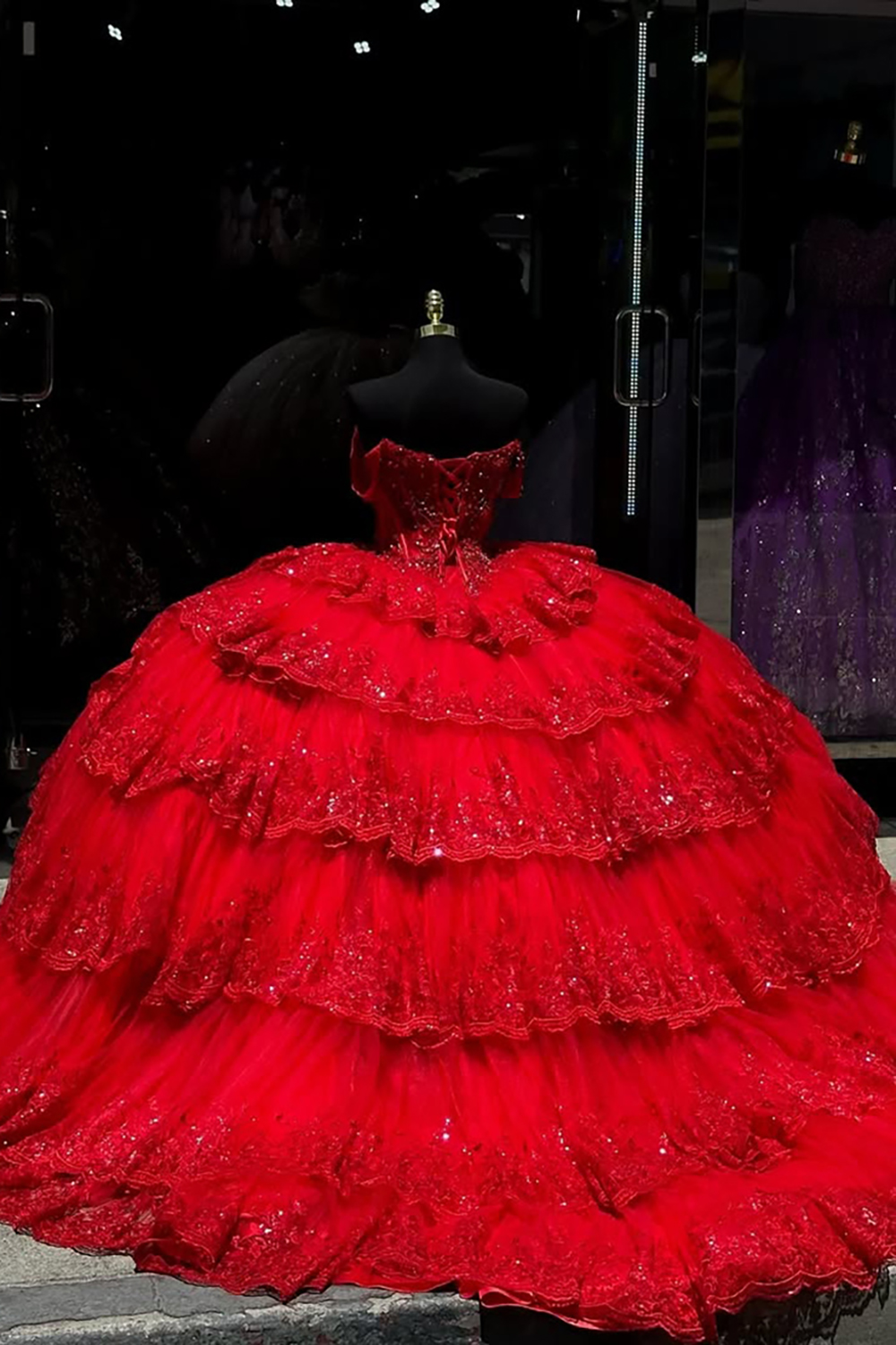 Red Sparkle Off-Shoulder Tiered Tulle Quinceanera Dress with Sequins