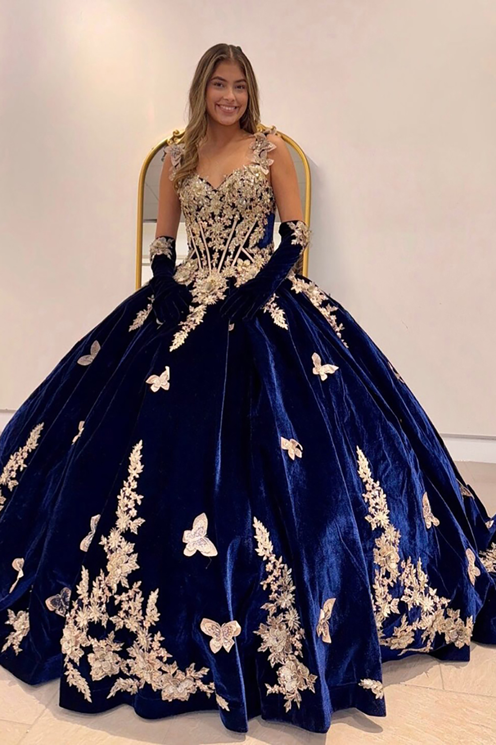 Velvet Quinceanera Ball Gown in Burgundy with Off-the-Shoulder Appliques