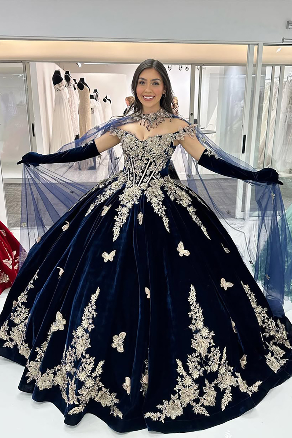 Velvet Quinceanera Ball Gown in Burgundy with Off-the-Shoulder Appliques
