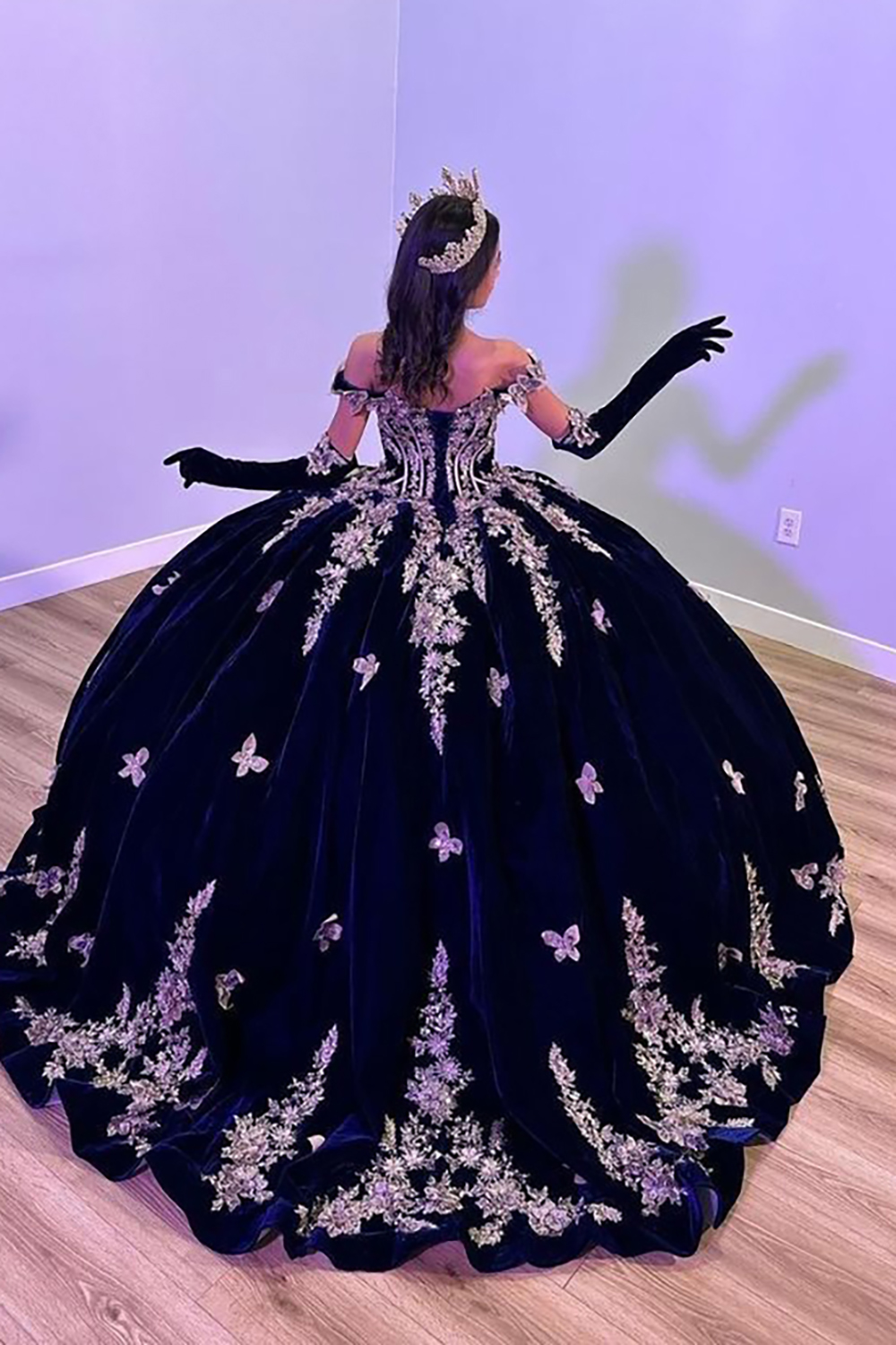 Velvet Quinceanera Ball Gown in Burgundy with Off-the-Shoulder Appliques