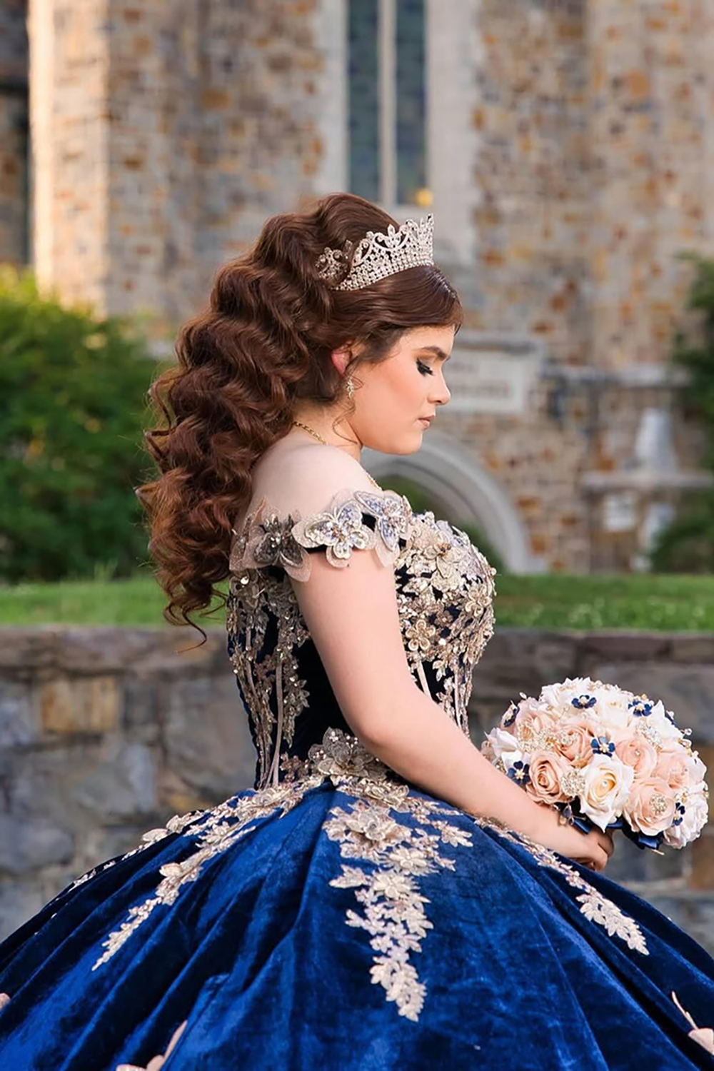 Velvet Quinceanera Ball Gown in Burgundy with Off-the-Shoulder Appliques